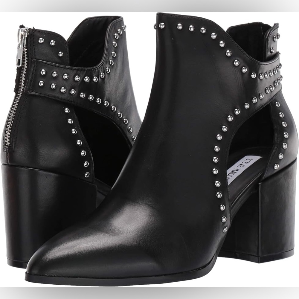 Steve Madden Justice bootie Black leather studded cutout ankle boots 2.75” heels